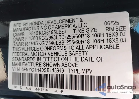 2025 Honda Pilot Ex-L из США, поврежденный, VIN 5FNYG1H40SB143949